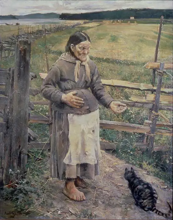 Kuva: Akseli Gallen-Kallela: Akka ja kissa. 1885. Öljy kankaalle. Turun taidemuseo. Kuva: GKM / Douglas Sivén.
