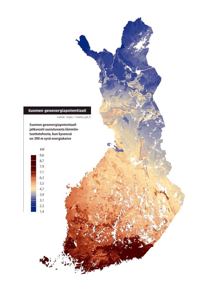 Kartta, jossa kuvataan Suomen geoenergiapotentiaalia jatkuvasti uusiutuvasta lämmöntuottotehosta, kun kyseessä on 300 metriä syvä energiakaivo. Potentiaalia on eniten eteläosissa ja rannikolla, erityisesti itäisellä rannikolla nousten 9,6 kilowattiin. Pohjoiseen ja koilliseen edetessä potentiaali laskee asteittain 1,4 kilowattiin.