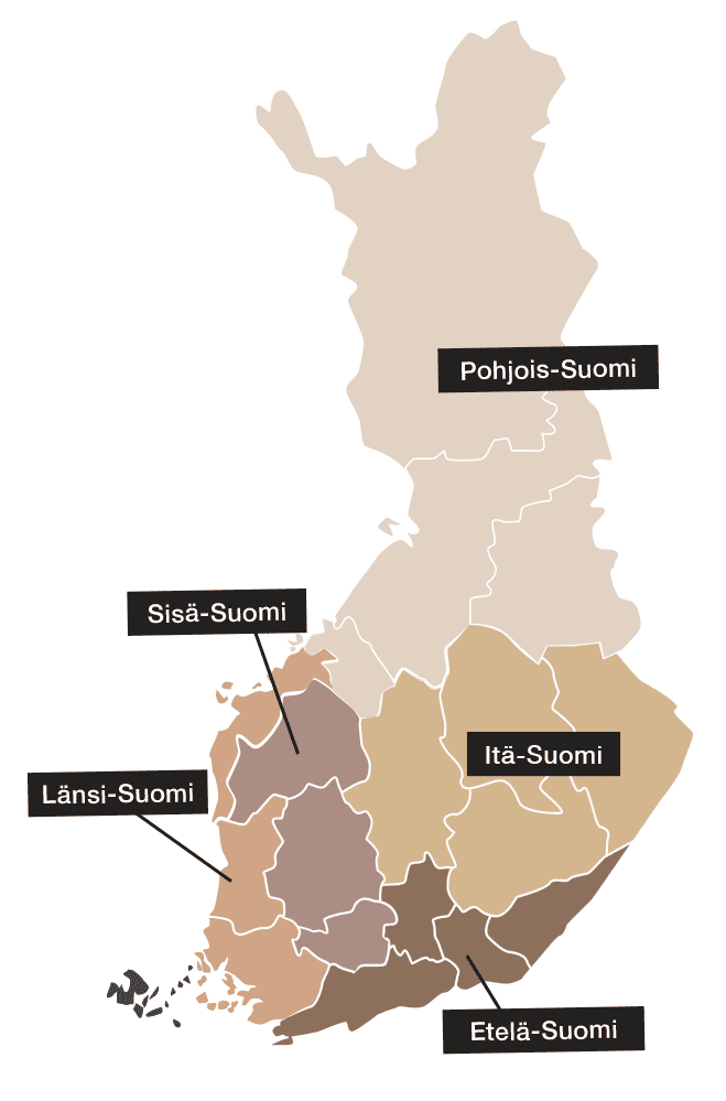 Kartassa yhteistyöalueet. Pohjois-Suomen yhteistyöalueen muodostavat Kainuun hyvinvointialue, Keski-Pohjanmaan hyvinvointialue, Lapin hyvinvointialue ja Pohjois-Pohjanmaan hyvinvointialue. Itä-Suomen yhteistyöalueen Etelä-Savon hyvinvointialue, Keski-Suomen hyvinvointialue, Pohjois-Karjalan hyvinvointialue ja Pohjois-Savon hyvinvointialue. Sisä-Suomen yhteistyöalueen Etelä-Pohjanmaan hyvinvointialue, Kanta-Hämeen hyvinvointialue ja Pirkanmaan hyvinvointialue. Länsi-Suomen yhteistyöalueen Pohjanmaan hyvinvointialue, Satakunnan hyvinvointialue ja Varsinais-Suomen hyvinvointialue. Etelä-Suomen yhteistyöalueen Etelä-Karjalan hyvinvointialue, Helsinki, HUS, Itä-Uudenmaan hyvinvointialue, Keski-Uudenmaan hyvinvointialue, Kymenlaakson hyvinvointialue, Länsi-Uudenmaan hyvinvointialue, Päijät-Hämeen hyvinvointialue sekä Vantaan ja Keravan hyvinvointialue.