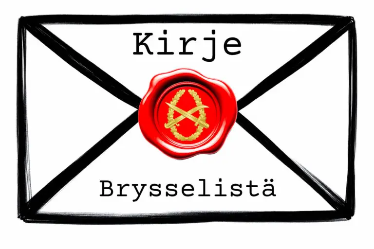Kuvassa kirjekuori, jonka sinetissä on MPKY logo. Kuoressa teksti Kirje Brysselistä.