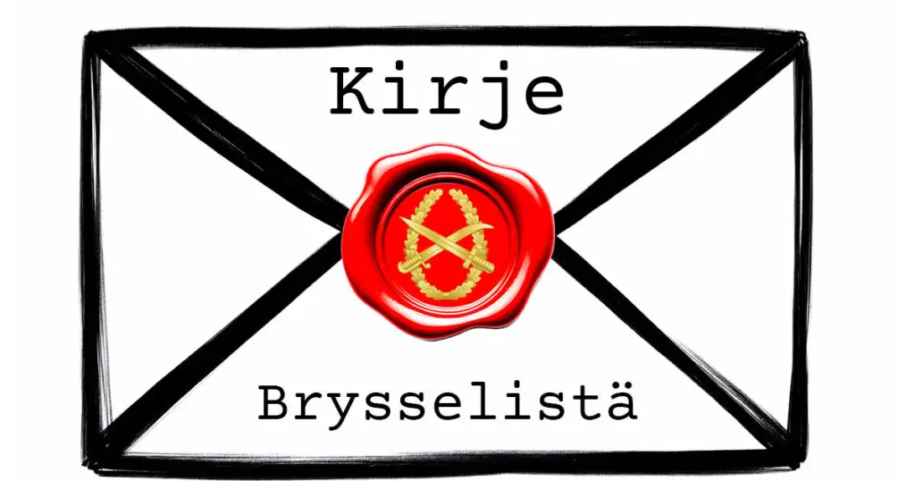 Kuvassa kirjekuori, jonka sinetissä on MPKY logo. Kuoressa teksti Kirje Brysselistä.